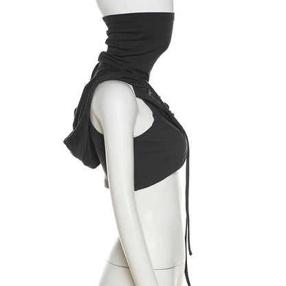 Sleeveless hoodie drawstring cross front ruched top