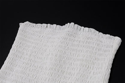 Smocked ruched lace patchwork tube midi dress