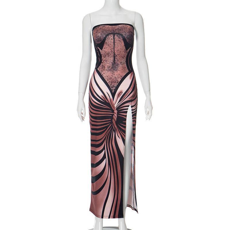 High slit butterfly print tube maxi dress