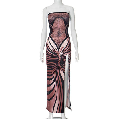 High slit butterfly print tube maxi dress
