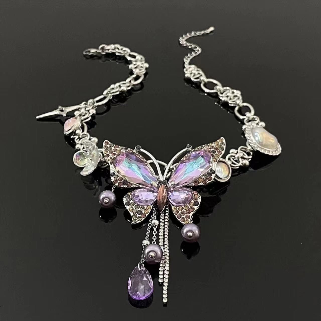 Purple butterfly flower beaded choker necklace