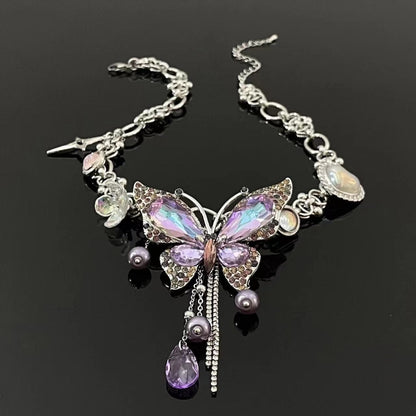 Purple butterfly flower beaded choker necklace