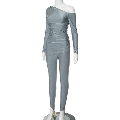 Ruched off shoulder long sleeve irregular solid pant set