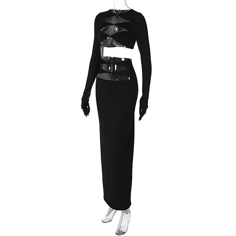 Long sleeve crewneck gloves hollow out solid maxi skirt set-final-sale