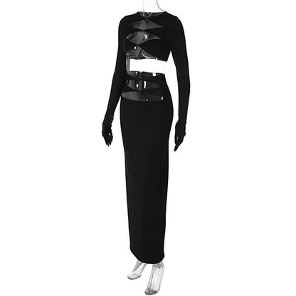 Long sleeve crewneck gloves hollow out solid maxi skirt set-final-sale