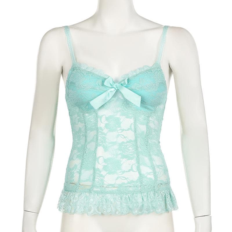Lace flower pattern bowknot ruffle cami top