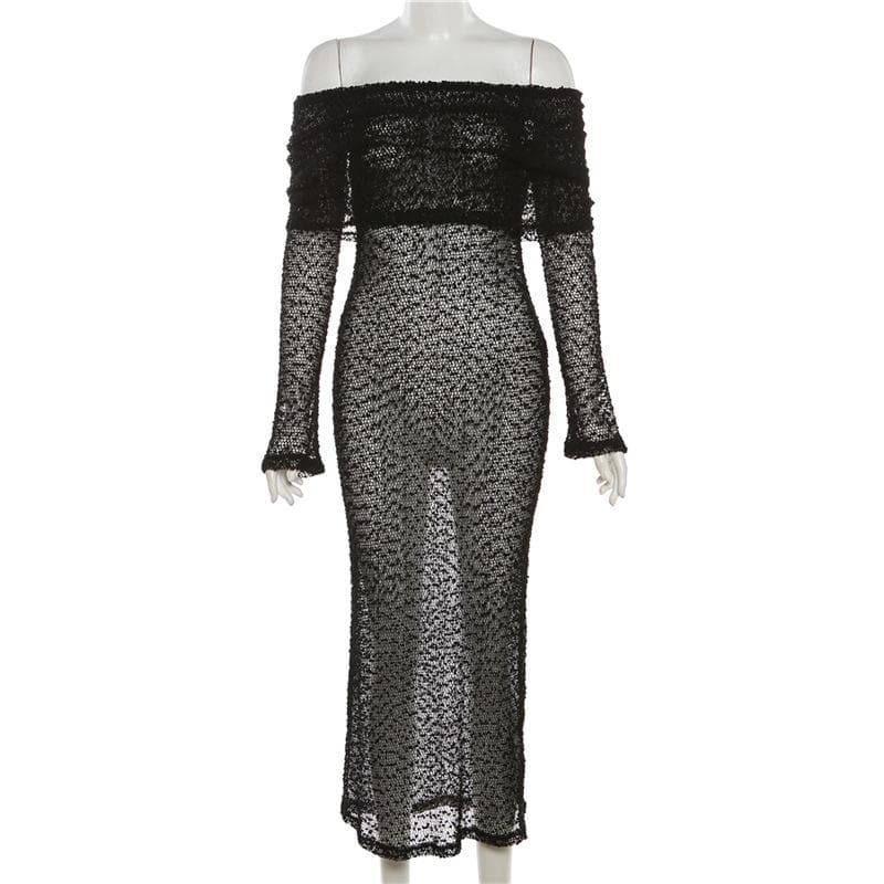 Off Shoulder Crochet Mesh Long Sleeve Bodycon Maxi Dress