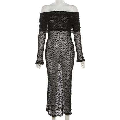 Off Shoulder Crochet Mesh Long Sleeve Bodycon Maxi Dress