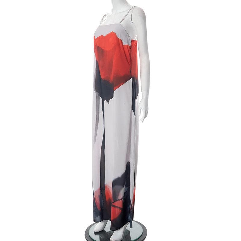 Abstract Ink Wash Floral Square Neck Spaghetti Strap Maxi Dress