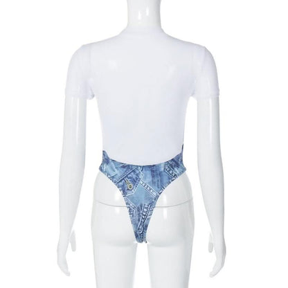 Short sleeve denim print contrast crewneck bodysuit-final-sale