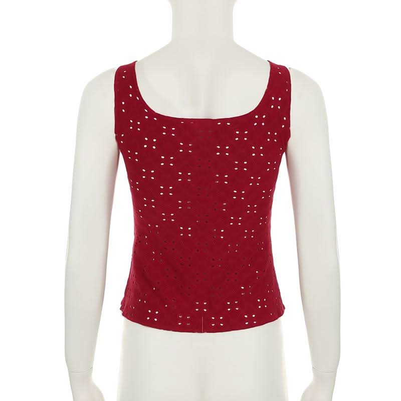 Hollow out v neck self tie textured tank cut out top