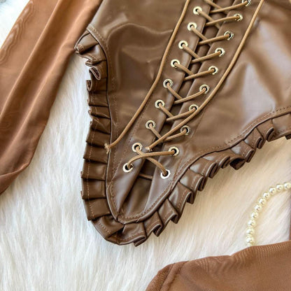 Off shoulder PU leather lace up smocked top