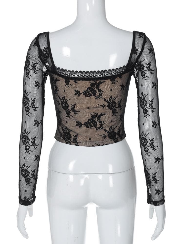 Long sleeve square neck lace patchwork top