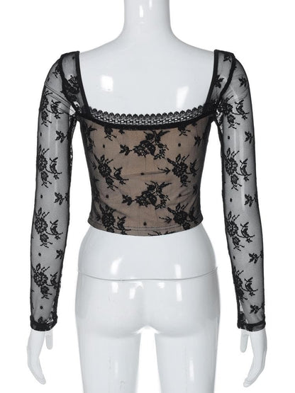 Long sleeve square neck lace patchwork top