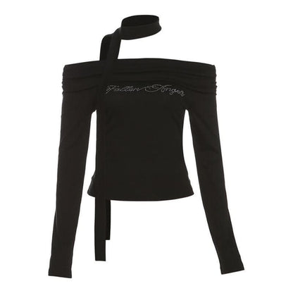 Beaded off shoulder long sleeve ruched solid top-final-sale