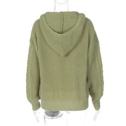 Hoodie long sleeve knitted solid v neck top-final-sale