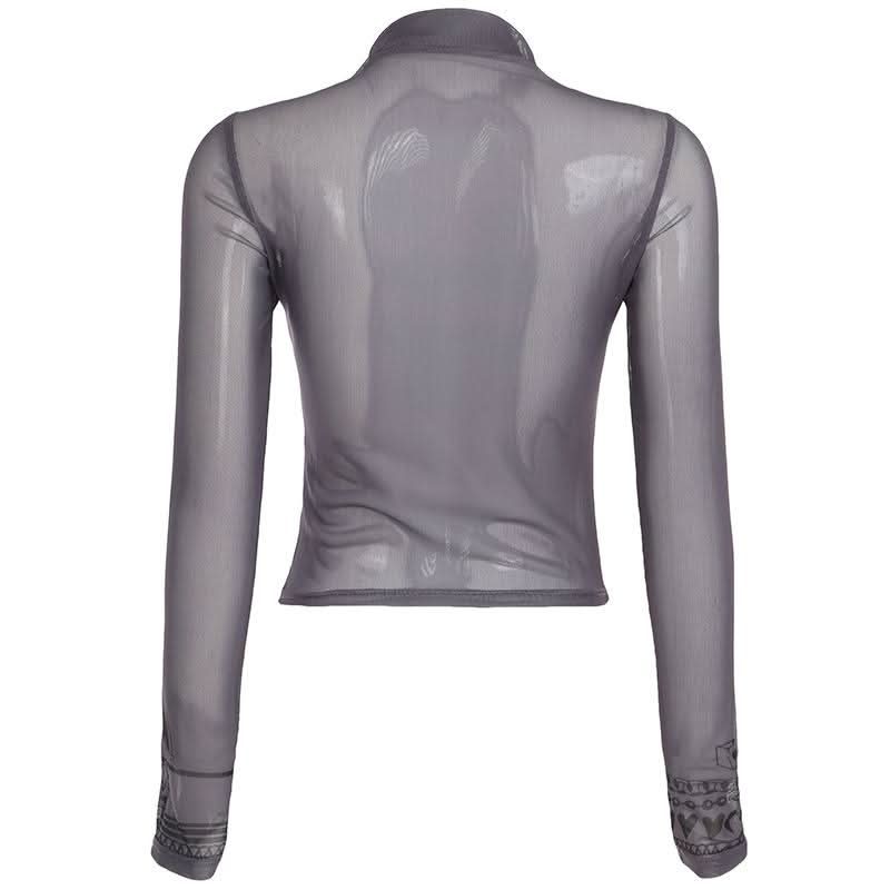 High neck long sleeve mesh butterfly print top
