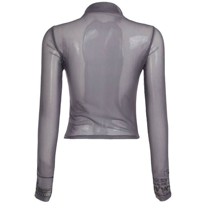 High neck long sleeve mesh butterfly print top