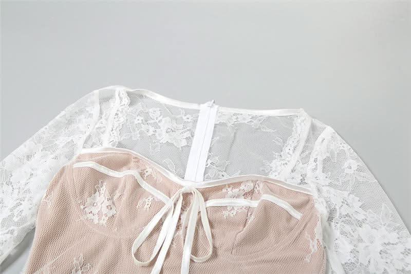 Long sleeve lace zip-up ruched mini dress