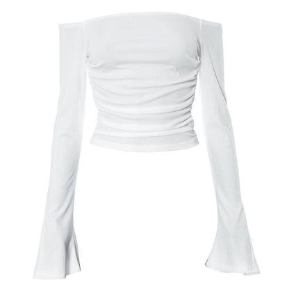 Ribbed long flared sleeve solid ruched off shoulder top