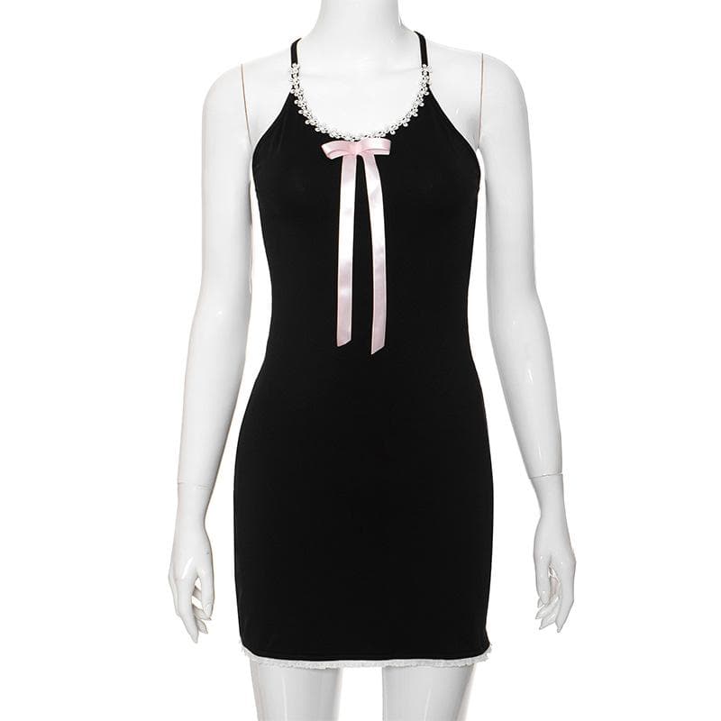 Bowknot ribbon lace hem u neck cross back backless cami mini dress