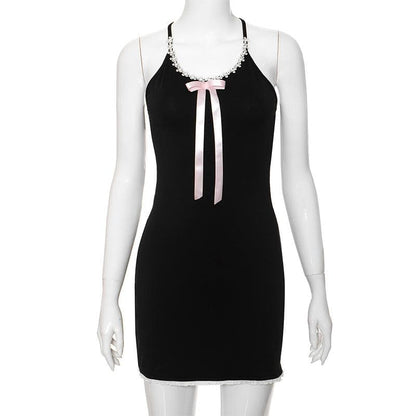 Bowknot ribbon lace hem u neck cross back backless cami mini dress