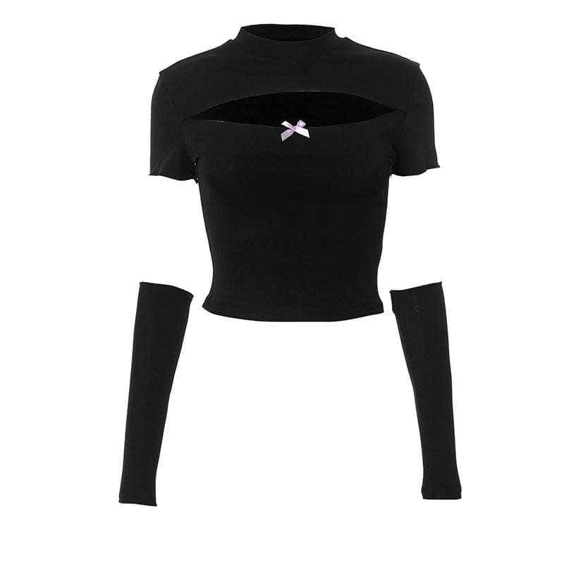 Short sleeve gloves hollow out bowknot crop cut out top