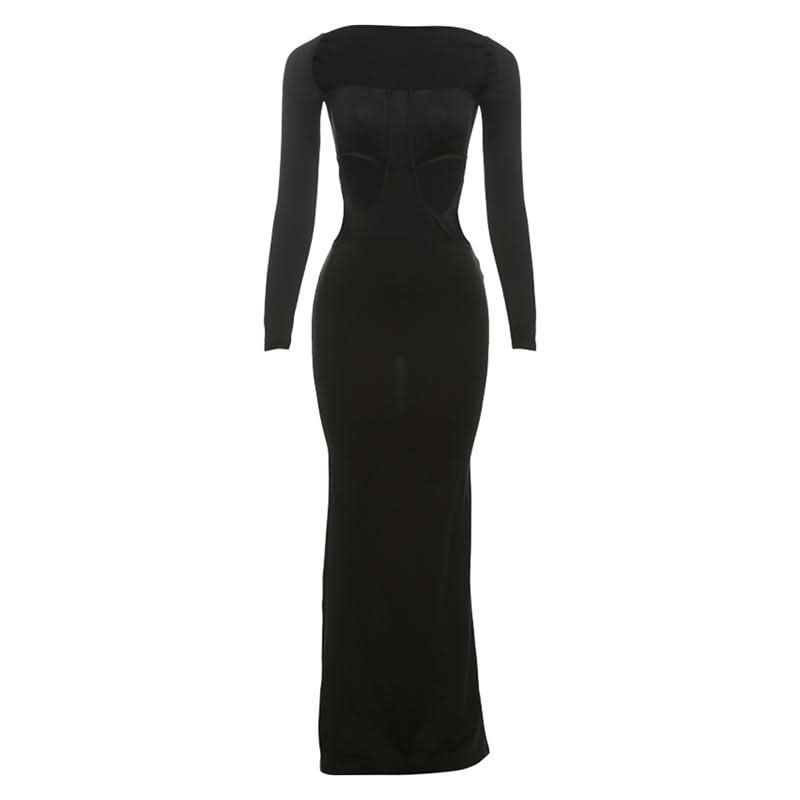 Long sleeve u neck hollow out cut out maxi dress