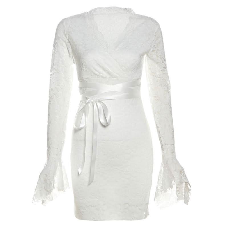 Long flared sleeve v neck lace self tie mini dress