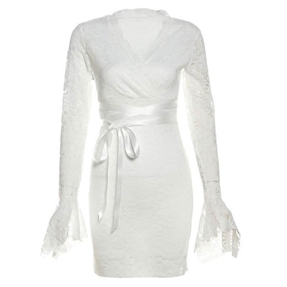 Long flared sleeve v neck lace self tie mini dress