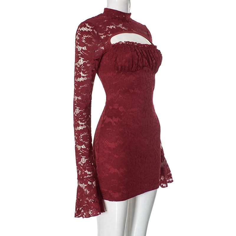 Long flared sleeve hollow out ruched lace cut out mini dress