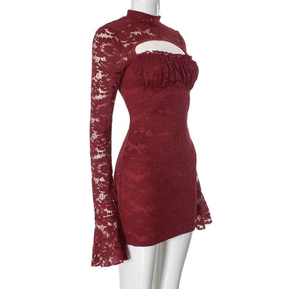 Long flared sleeve hollow out ruched lace cut out mini dress