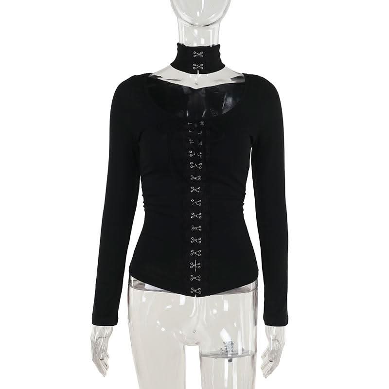 Halter long sleeve button self tie top