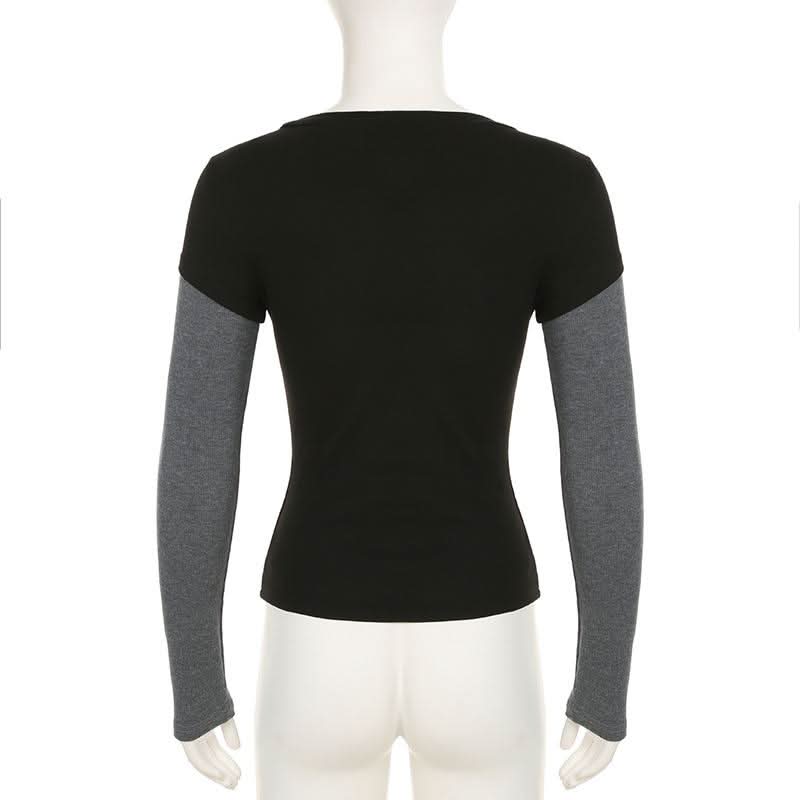 Long sleeve crewneck abstract print patchwork top