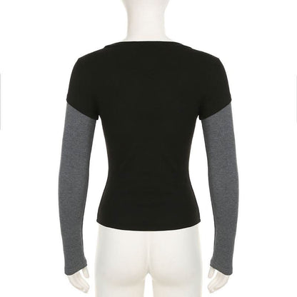 Long sleeve crewneck abstract print patchwork top