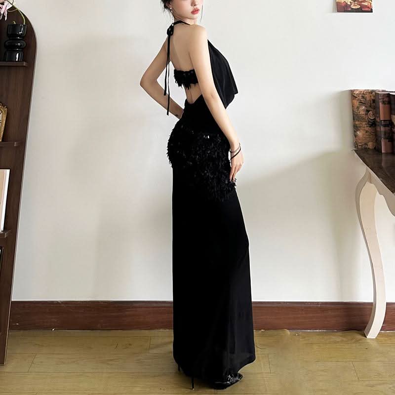 Glitter mesh patchwork fluffy maxi skirt