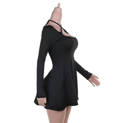 Long sleeve halter cross front solid mini dress