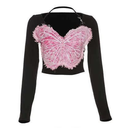 Long sleeve v neck butterfly embroidery halter contrast top-final-sale
