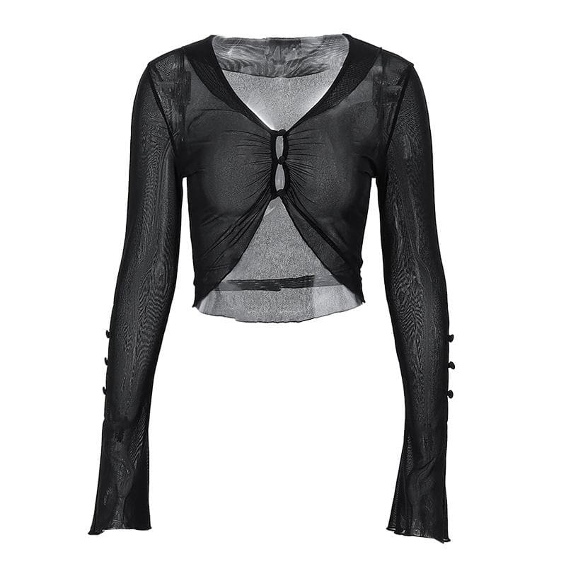 Sheer mesh see through button hollow out long sleeve crop cut out top