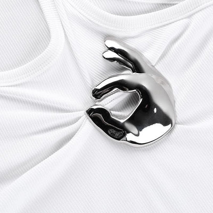 Metal applique ruched solid tank top