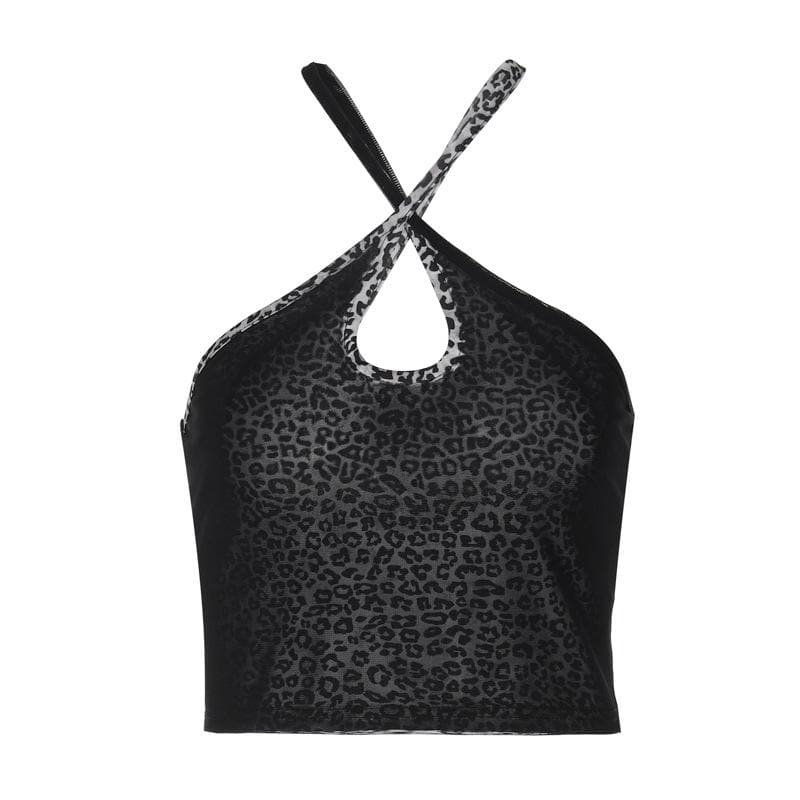 Leopard print cross front hollow out cami cut out top