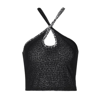 Leopard print cross front hollow out cami cut out top