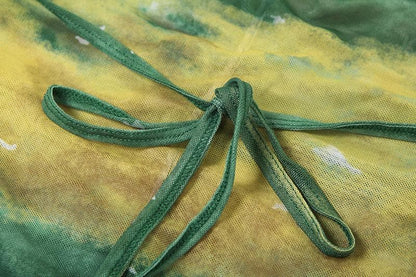 Sheer mesh contrast high slit ruched knotted cami maxi dress