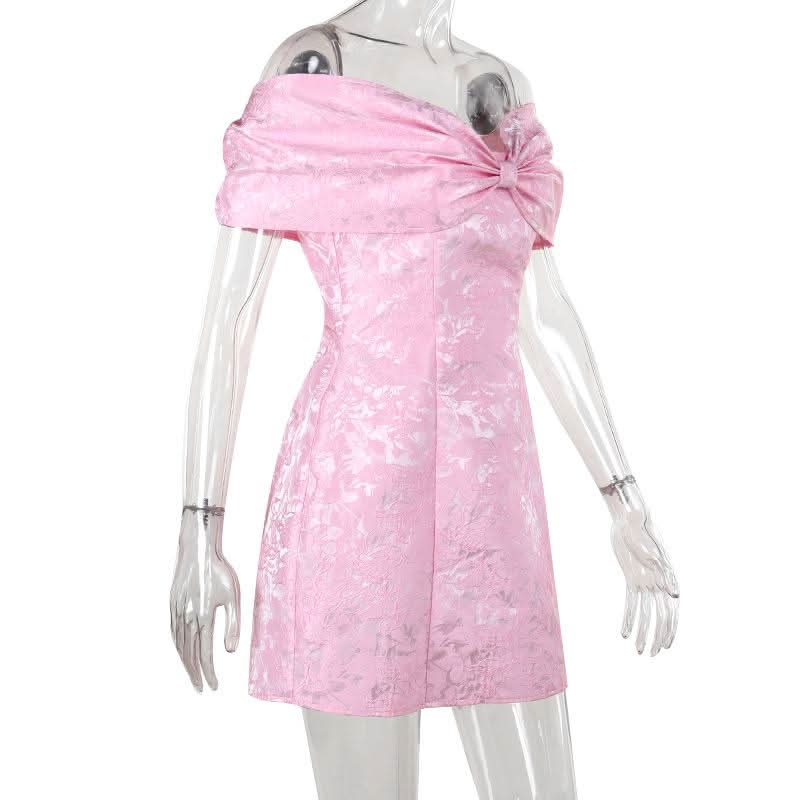 Off shoulder bowknot zip-up lace mini dress