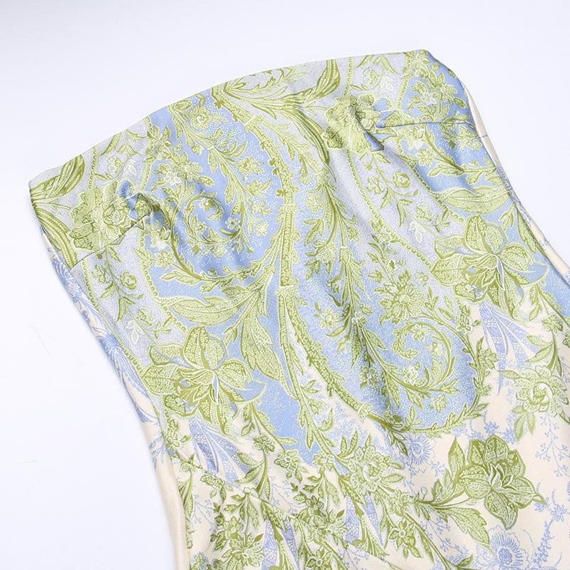Strapless Floral Paisley Print Ruffle Slit Tube Maxi Dress