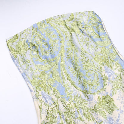 Strapless Floral Paisley Print Ruffle Slit Tube Maxi Dress