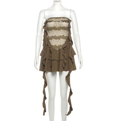 Knitted patchwork backless ruffle mini dress