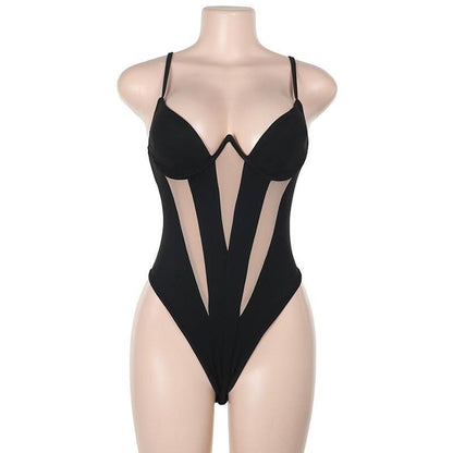Mesh patchwork backless low cut cami bodysuit