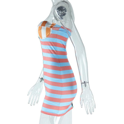Striped print padded stitch contrast tube mini dress
