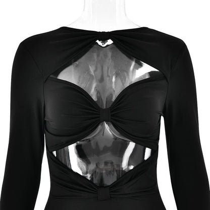 Long sleeve hollow out ruched solid jumpsuit